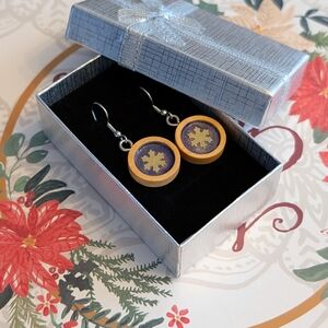 Handmade Snowflake Earrings Gold & Purple Wooden Hand Painted - Read Description